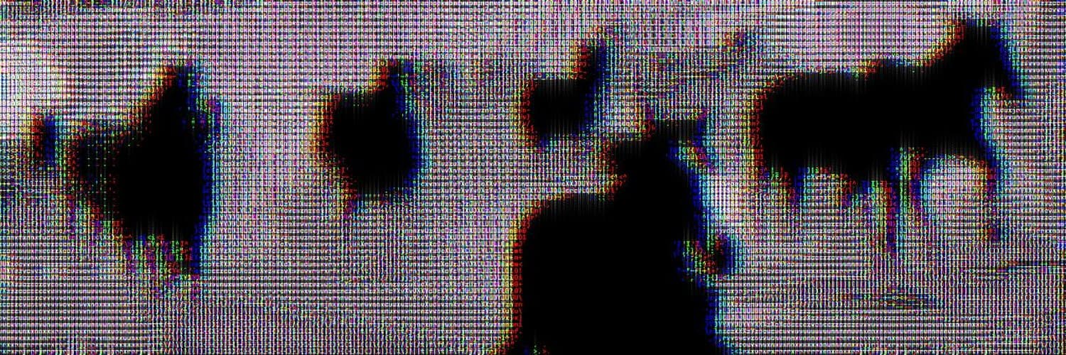 A dense field of tiny monospace characters with black silhouettes cut out of it and a red and blue fringe along the edges